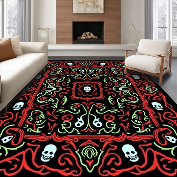 ODIKA 4'x6' Machine Washable Non-Slip Area Rug, Haunted Holiday Featuring Playful Specter Figures And Ornate Vines High Traffic Rug, Black, 647194