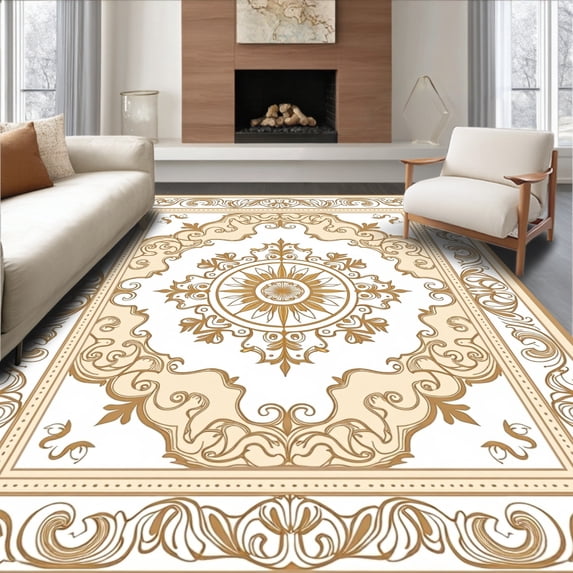 ODIKA 4'x6' Machine Washable Non-Slip Area Rug, Heirloom Damask Filigree High Traffic Rug, Ivory, 470550
