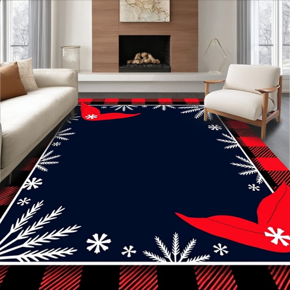 ODIKA 4'x6' Machine Washable Non-Slip Area Rug, Hello Winter Cardinal Doormat With Snowy Pine Forest Buffalo High Traffic Rug with Pad, Red, 609384