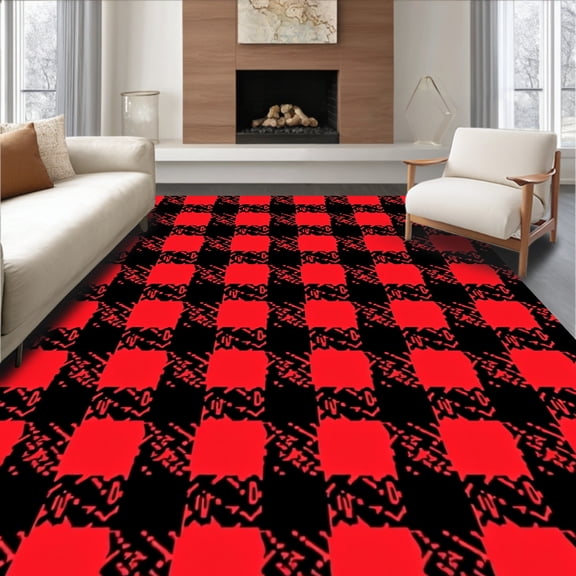 ODIKA 4'x6' Machine Washable Non-Slip Area Rug, Heritage Cabin Plaid with Interwoven Contrast Blocks High Traffic Rug, Red, 618462