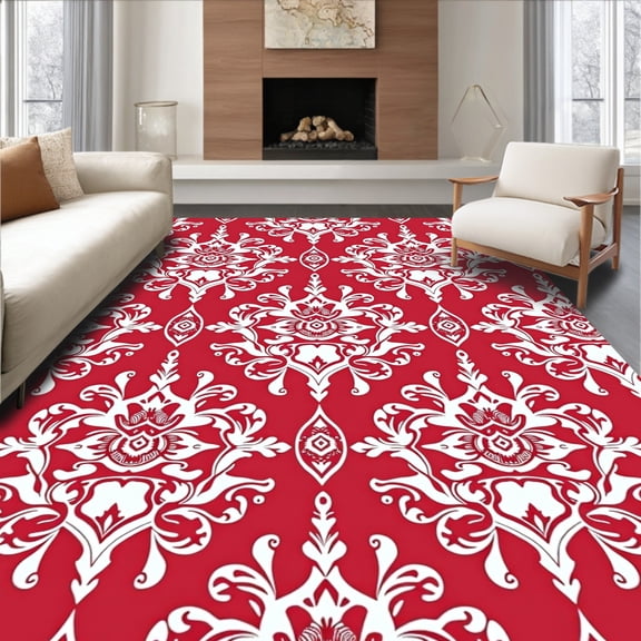 ODIKA 4'x6' Machine Washable Non-Slip Area Rug, Heritage Damask Luxurious Baroque Scrollwork Embellished High Traffic Rug, Red, 475389