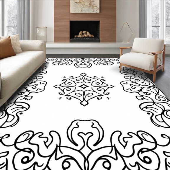 ODIKA 4'x6' Machine Washable Non-Slip Area Rug, Heritage Damask Scrollwork Transitional Modern Abstract High Traffic Rug, Black, 572658