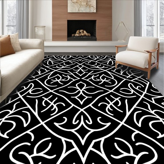 ODIKA 4'x6' Machine Washable Non-Slip Area Rug, Heritage Lattice High Traffic Rug, Black, 479710