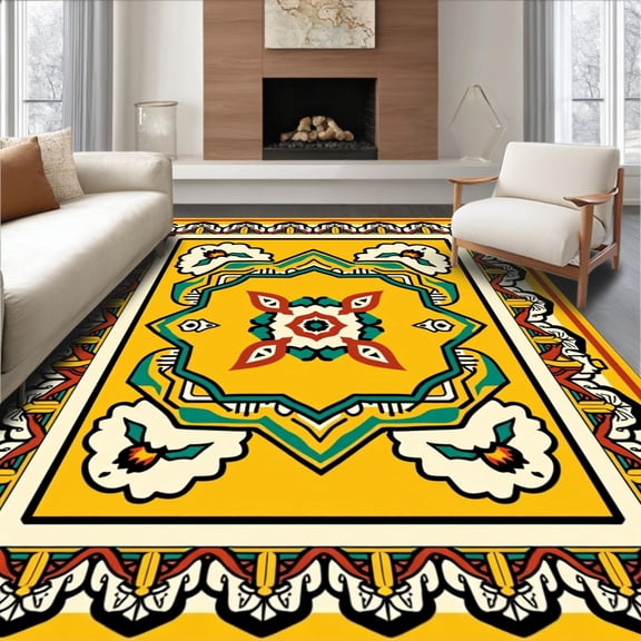 ODIKA 4'x6' Machine Washable Non-Slip Area Rug, Heritage Nomadic Abstract Artistic High Traffic Rug, Yellow, 567403
