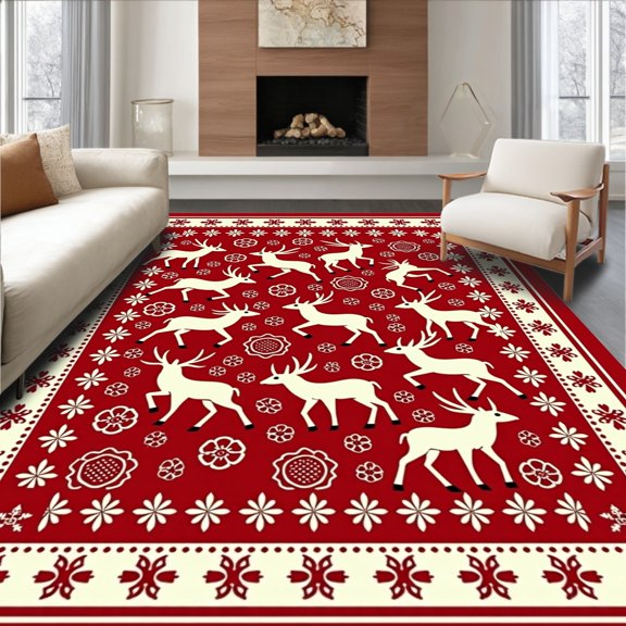 ODIKA 4'x6' Machine Washable Non-Slip Area Rug, Heritage Prancing Joyful Celebration Passage Covering High Traffic Rug, Red, 638959