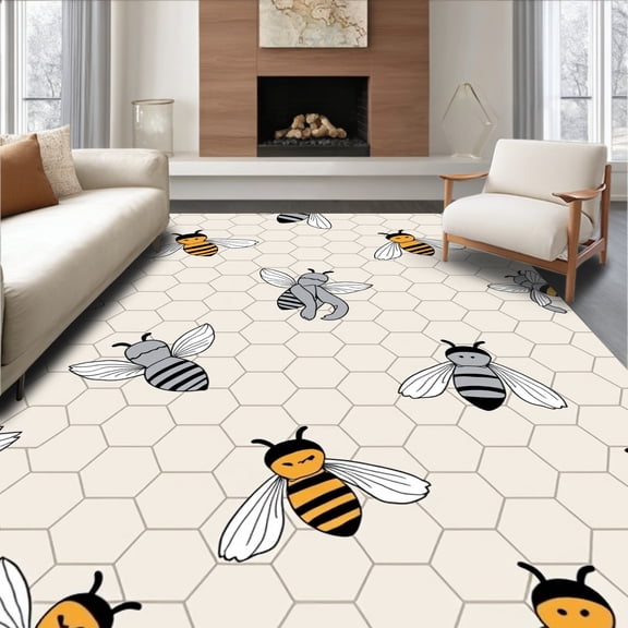 ODIKA 4x6 Machine Washable Non-Slip Area Rug, Hexagon Honeycomb Camper Floor Cover RV Clearance High Traffic Rug, Beige, 710973