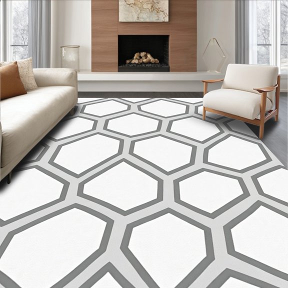 ODIKA 4x6 Machine Washable Non-Slip Area Rug, Hexagonal Honeycomb Clusters with Modern Minimalist Sophistication High Traffic Rug, Gray, 473173