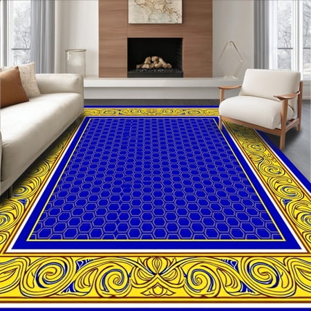 ODIKA 4'x6' Machine Washable Non-Slip Area Rug, Hexagonal Honeycomb Grid with Border Detailing High Traffic Rug, Blue, 481226