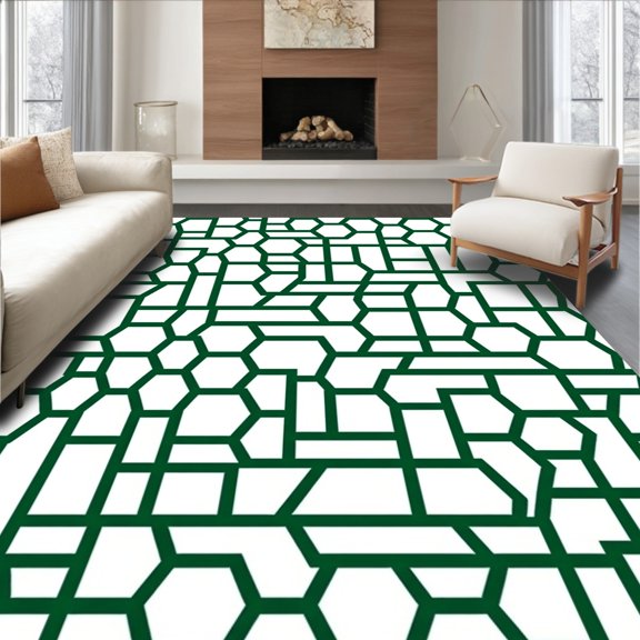 ODIKA 4x6 Machine Washable Non-Slip Area Rug, Hexagonal Honeycomb Maze Design Fuzzy Floor Covering High Traffic Rug, Green, 594685