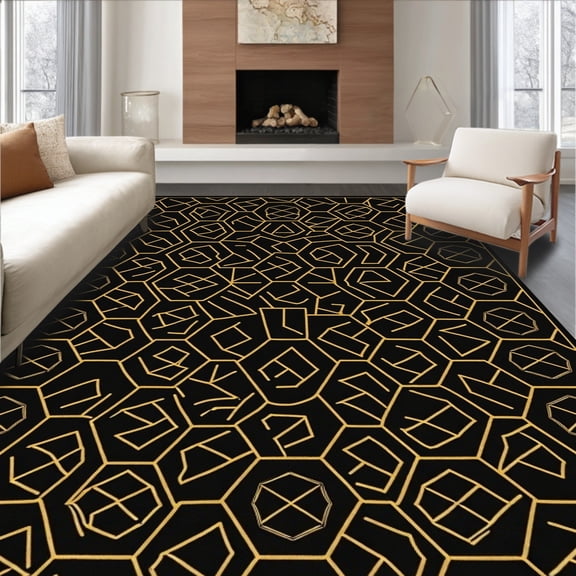 ODIKA 4'x6' Machine Washable Non-Slip Area Rug, Hexagonal Honeycomb Play with Interlocking Design High Traffic Rug, Black, 477188