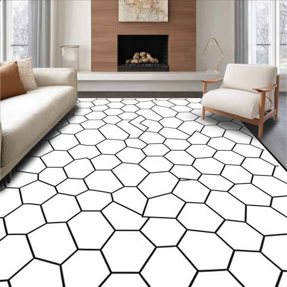 ODIKA 4x6 Machine Washable Non-Slip Area Rug, Hexagonal Honeycomb Tessellation Contemporary Art High Traffic Rug, White, 492689