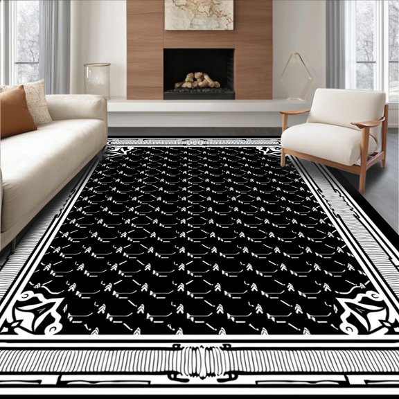ODIKA 4'x6' Machine Washable Non-Slip Area Rug, Hexagonal Lattice Network with Botanical Accent Details High Traffic Rug, Black, 665217