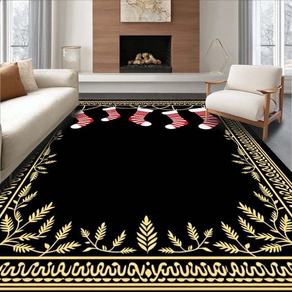 ODIKA 4'x6' Machine Washable Non-Slip Area Rug, Holiday Hearth Scene with Stockings and Snowy Night High Traffic Rug, Black, 646208