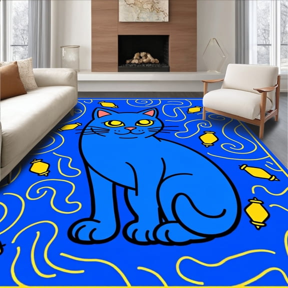 ODIKA 4'x6' Machine Washable Non-Slip Area Rug, Holiday Humor Cat Shadow with String Light Swirl Accents High Traffic Rug, Blue, 509070