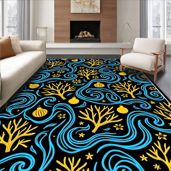 ODIKA 4'x6' Machine Washable Non-Slip Area Rug, Holiday Nautical Fishing Latch Hook Design With Ornament and Wave High Traffic Rug, Black, 643026