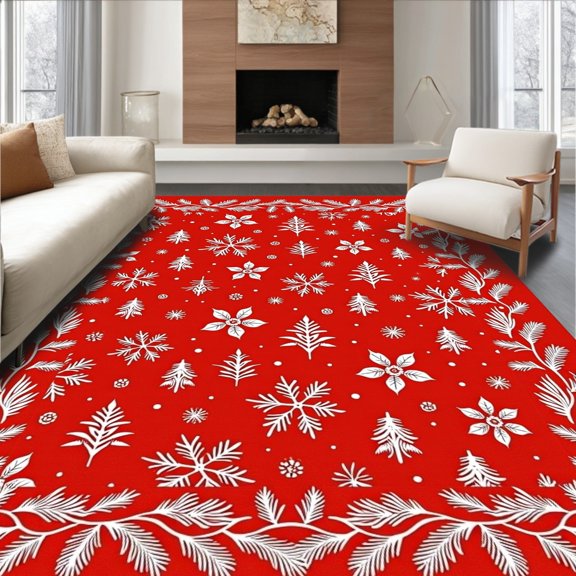 ODIKA 4'x6' Machine Washable Non-Slip Area Rug, Holiday Pine Branch with Holly Berry Accent Design High Traffic Rug, Red, 632405