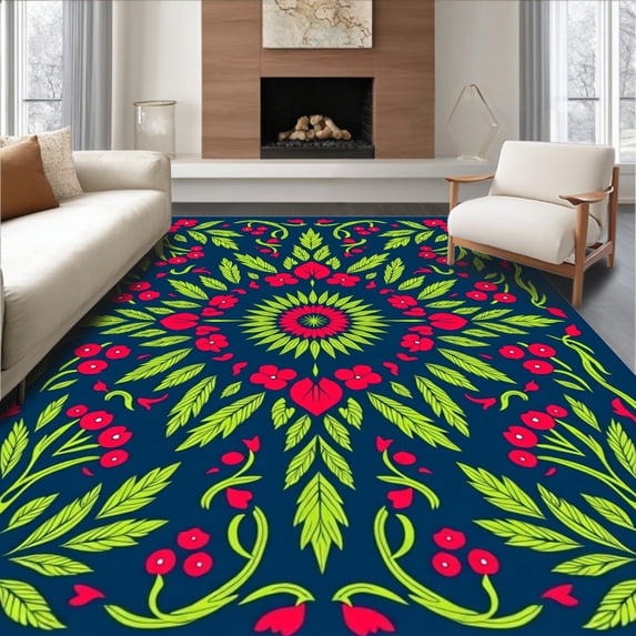 ODIKA 4'x6' Machine Washable Non-Slip Area Rug, Holiday Pine Needles and Berry Vine Folk Art High Traffic Rug with Pad, Blue, 622050