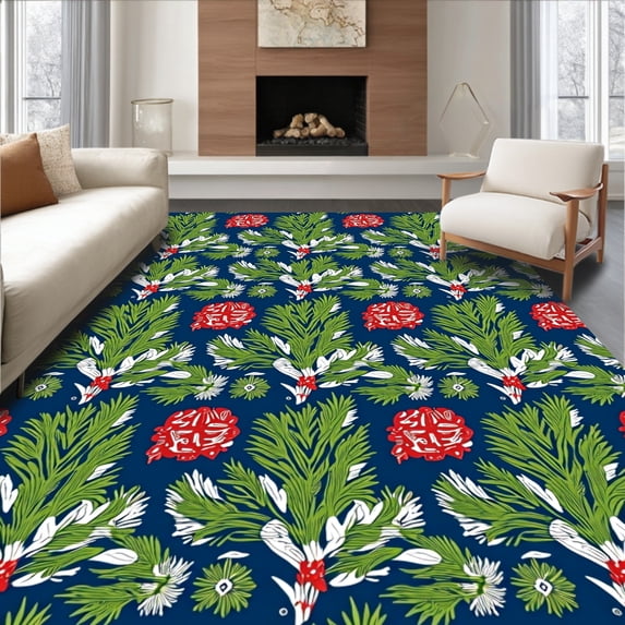 ODIKA 4'x6' Machine Washable Non-Slip Area Rug, Holiday Pinecone and Spruce Branches Punch Needle High Traffic Rug with Pad, Blue, 644490