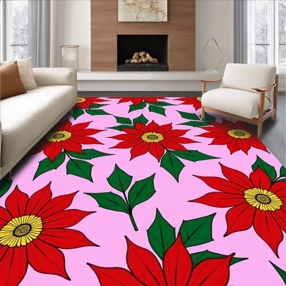 ODIKA 4'x6' Machine Washable Non-Slip Area Rug, Holiday Poinsettia Bloom with Traditional Seasonal Floral Motifs High Traffic Rug with Pad, Pink, 732989