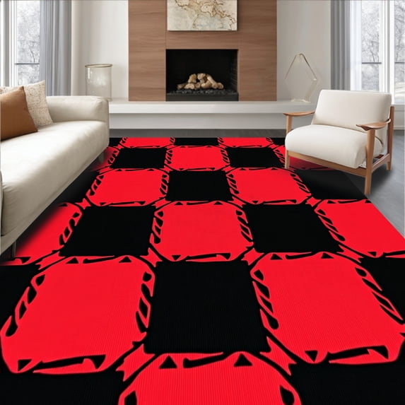 ODIKA 4'x6' Machine Washable Non-Slip Area Rug, Holiday Season Rustic Checkered with Bold Contrasts High Traffic Rug with Pad, Red, 610363