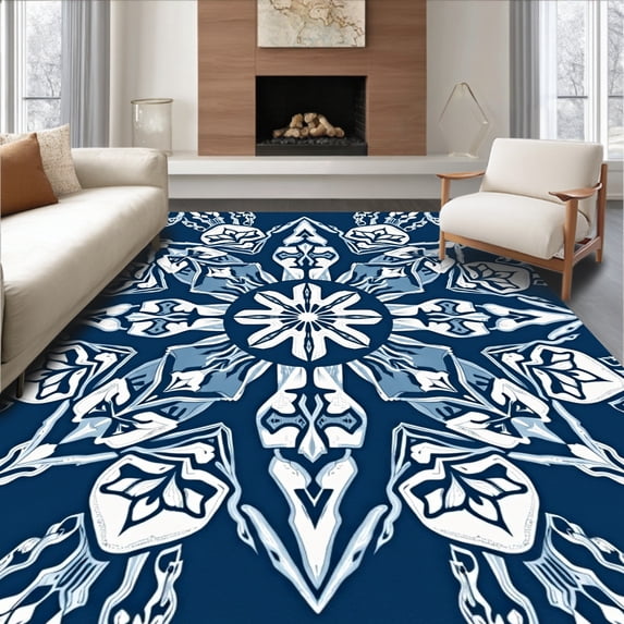 ODIKA 4'x6' Machine Washable Non-Slip Area Rug, Holiday Snowflake Needlework with Intricate Winter Design High Traffic Rug, Blue, 647085