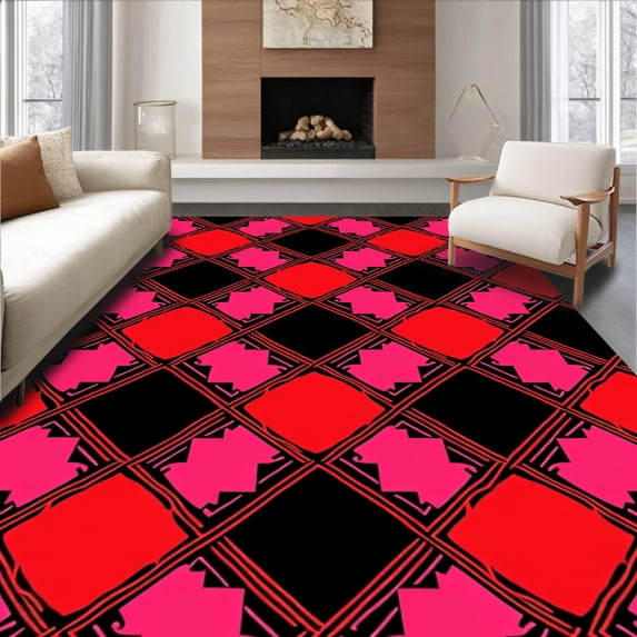 ODIKA 4'x6' Machine Washable Non-Slip Area Rug, Holiday Tartan Featuring Bold Checkered Contrast High Traffic Rug, Pink, 621215