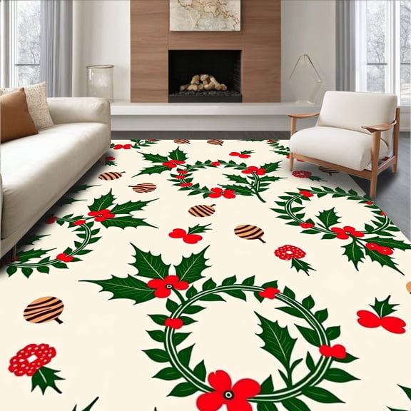 ODIKA 4'x6' Machine Washable Non-Slip Area Rug, Holly Berries Pinecone Wreath Festive Holiday Decoration High Traffic Rug, Green, 609175