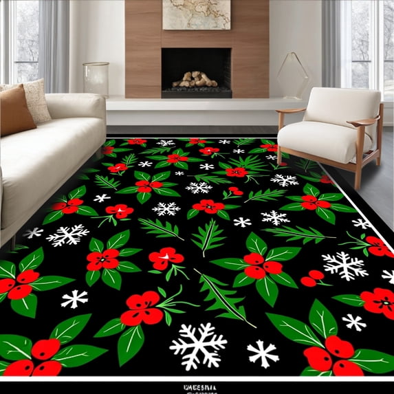 ODIKA 4'x6' Machine Washable Non-Slip Area Rug, Holly Berry Motif with Pinecone Sprig and Snowflake Accents High Traffic Rug with Pad, Black, 733362