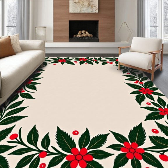 ODIKA 4'x6' Machine Washable Non-Slip Area Rug, Holly Berry Vine Accent with Evergreen Leaf Border High Traffic Rug, Beige, 617002