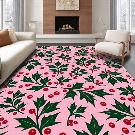 ODIKA 4'x6' Machine Washable Non-Slip Area Rug, Holly Berry Vine Traditional Holiday Bathroom Ensemble High Traffic Rug with Pad, Pink, 627872