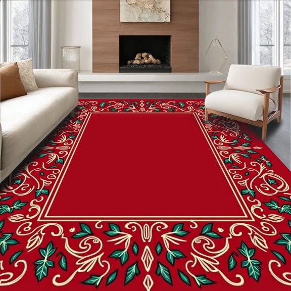 ODIKA 4'x6' Machine Washable Non-Slip Area Rug, Holly Berry Vine with Traditional Yuletide Scroll High Traffic Rug, Red, 638844