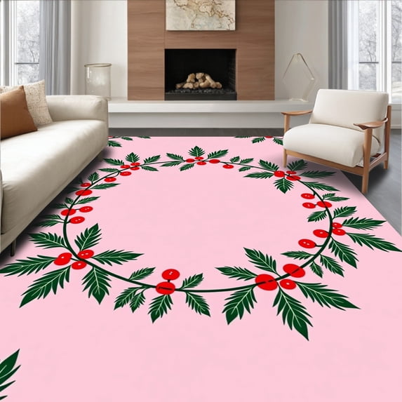 ODIKA 4'x6' Machine Washable Non-Slip Area Rug, Holly Berry Wreath Motif Yuletide Celebration Decorative High Traffic Rug with Pad, Pink, 509501