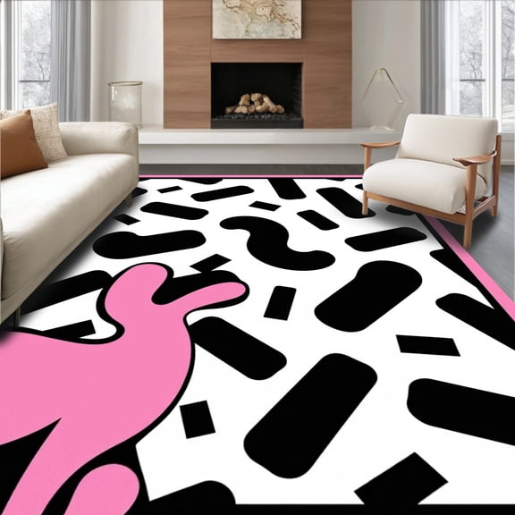 ODIKA 4'x6' Machine Washable Non-Slip Area Rug, Holstein Hooked with Canvas Base High Traffic Rug, Black, 642800