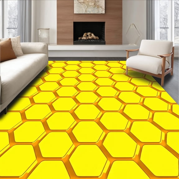 ODIKA 4'x6' Machine Washable Non-Slip Area Rug, Honeycomb Hexagonal Grid with Modern Abstract High Traffic Rug, Yellow, 466262