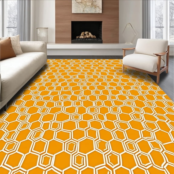 ODIKA 4'x6' Machine Washable Non-Slip Area Rug, Honeycomb Network Distinctive Artistic Heritage Decoration High Traffic Rug, Orange, 488815