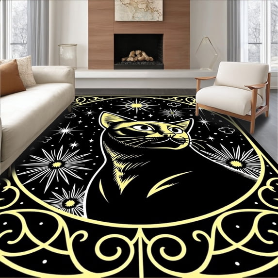 ODIKA 4'x6' Machine Washable Non-Slip Area Rug, Hook Kit Mystical Cat Starfield DIY Embroidery High Traffic Rug, Black, 729851