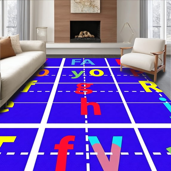 ODIKA 4'x6' Machine Washable Non-Slip Area Rug, Hopscotch ABC Learning Grid with Number Integration Pathway High Traffic Rug, Blue, 689079