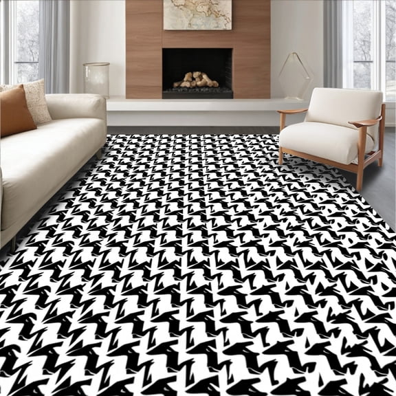 ODIKA 4'x6' Machine Washable Non-Slip Area Rug, Houndstooth Zigzag Welcome with Diagonal Motifs High Traffic Rug, Black, 547906