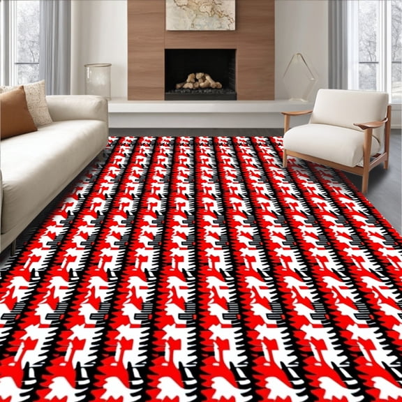 ODIKA 4'x6' Machine Washable Non-Slip Area Rug, Houndstooth with Classic Zigzag Motifs High Traffic Rug, Red, 547921