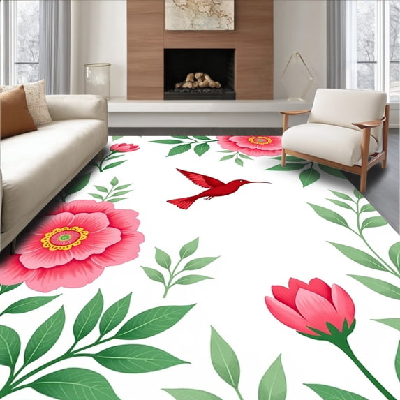 ODIKA 4'x6' Machine Washable Non-Slip Area Rug, Hummingbird Garden with Blooming Peony Botanical Illustrations High Traffic Rug with Pad, Pink, 477870
