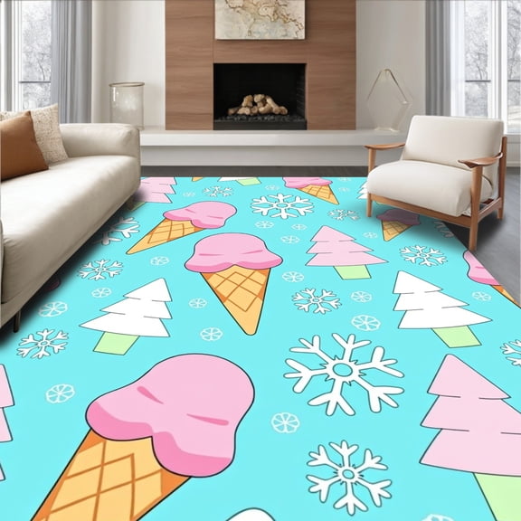 ODIKA 4'x6' Machine Washable Non-Slip Area Rug, Ice Cream Treats in Frosty Evergreen Forest with Dancing Snowflakes High Traffic Rug, Blue, 638307