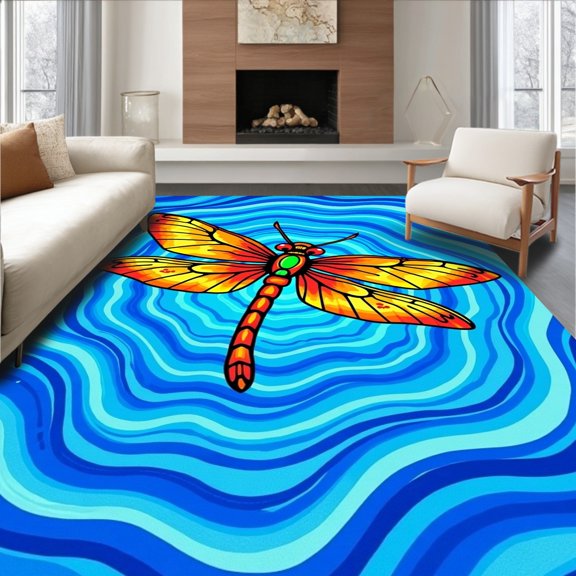 ODIKA 4x6 Machine Washable Non-Slip Area Rug, Insect Motif Yarn Creation Artistic Handicraft Display High Traffic Rug, Blue, 620506