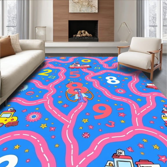 ODIKA 4'x6' Machine Washable Non-Slip Area Rug, Interactive Letter and Number Pathway with Cartoon Train Wildlife High Traffic Rug, Blue, 693055