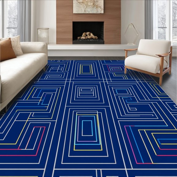 ODIKA 4'x6' Machine Washable Non-Slip Area Rug, Interlocking Labyrinth Motif with Minimalist Accents High Traffic Rug, Blue, 591768