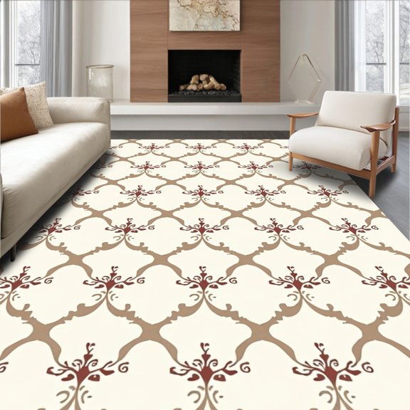 ODIKA 4'x6' Machine Washable Non-Slip Area Rug, Interlocking Lattice Medallion with Elegant Scrollwork Accents High Traffic Rug, Ivory, 463767