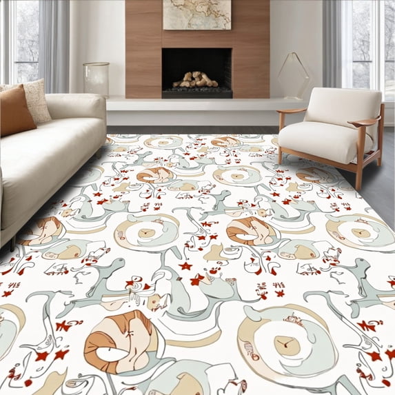 ODIKA 4'x6' Machine Washable Non-Slip Area Rug, Interlocking Seashell Spiral with Subtle Starfish Highlights High Traffic Rug, Beige, 701900