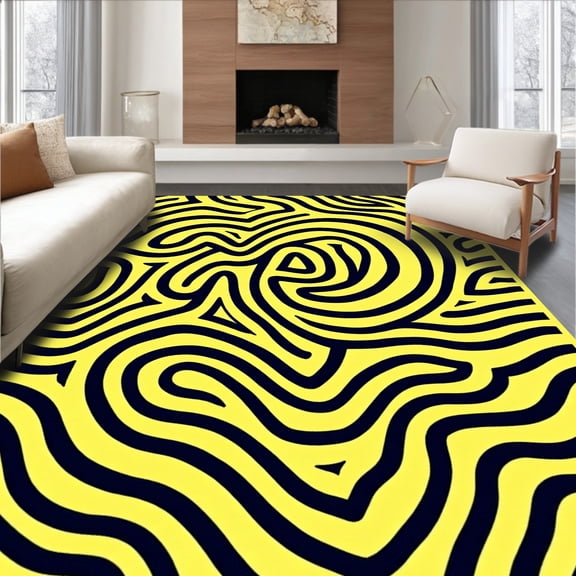 ODIKA 4x6 Machine Washable Non-Slip Area Rug, Interlocking Spiral Wave Artistic High Traffic Rug, Yellow, 532835