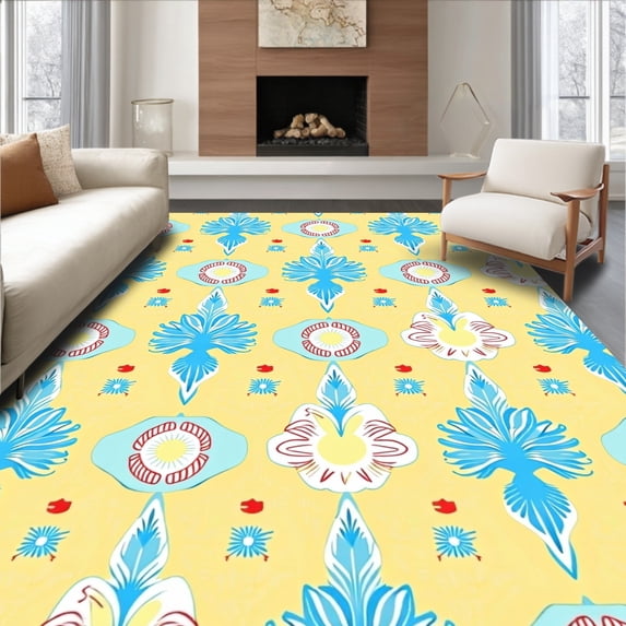 ODIKA 4'x6' Machine Washable Non-Slip Area Rug, Interlocking Teepee Motif with Arrows and Dreamcatcher Accents High Traffic Rug with Pad, Yellow, 683193