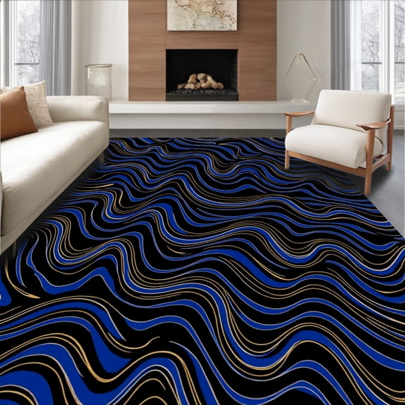 ODIKA 4'x6' Machine Washable Non-Slip Area Rug, Interlocking Wave with Metallic Gold Accents High Traffic Rug, Black, 591487