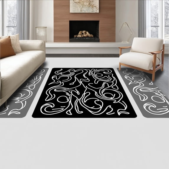 ODIKA 4'x6' Machine Washable Non-Slip Area Rug, Interlocking Waves and Spirals with Abstract Animal Inspired Motifs High Traffic Rug with Pad, Black, 679370